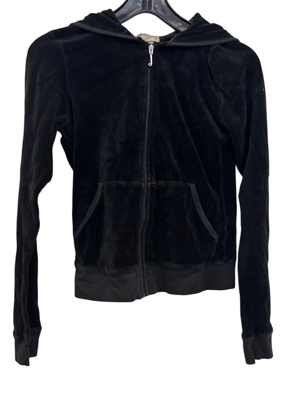 Y2K vintage Juicy Couture Black Velour Zip-Up Hoodie With Fron Size M